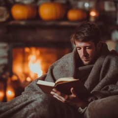Cozy Reading by the Fireplace in Autumn Evening