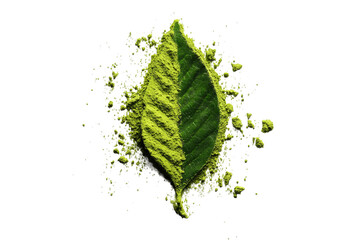 Vibrant green matcha leaf powder explosion isolated on transparent background