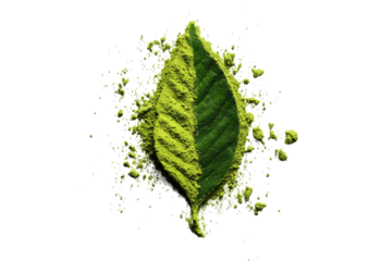 Vibrant green matcha leaf powder explosion isolated on transparent background