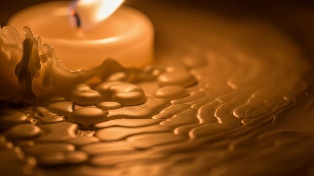 Warm, illuminated candle with flowing melted wax creating a rippling, textured surface