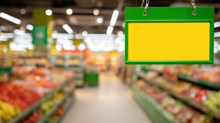 Blank Sign in Supermarket Aisle for Advertising, Retail, or Marketing Purposes with Blurred Background