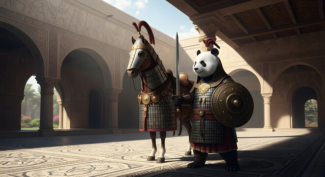 A whimsical scene of a panda warrior in armor standing beside a horse in an ancient courtyard