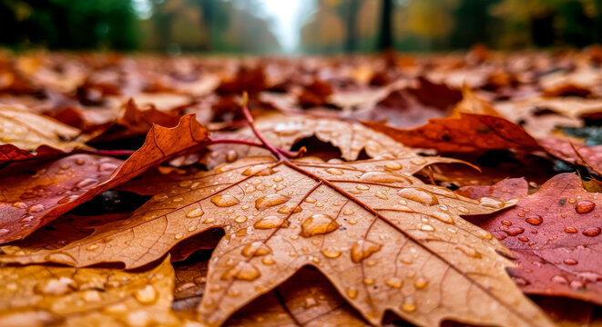 Macro shot of wet fallen autumn leaves with raindrops, creating a vibrant, detailed carpet of nature on the ground.
