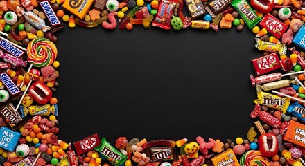 Colorful assortment of halloween candies bordering a black copy space background
