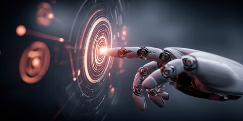 Robot Hand Interacting with Futuristic Interface, Depicting Artificial Intelligence and Technological Advancement in a Sci-Fi Setting