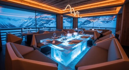 Fototapeta premium Luxurious Alpine Restaurant Interior with Illuminated Ice Table and Mountain View