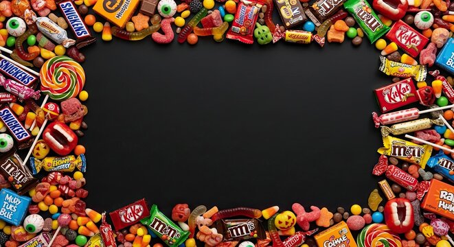 Colorful assortment of halloween candies bordering a black copy space background
