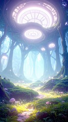 Obraz premium 発光キノコと聖なる幾何学の森 — 光輪が導く幻想の小径
