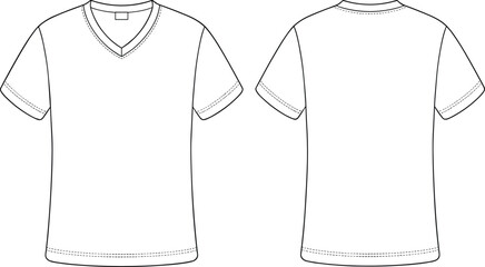 V-neck T-shirt technical sketch, front and back views, fashion flat drawing, short sleeve, garment template, clothing design vector