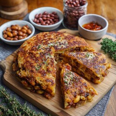 Delectable savory pie with assorted beans, presented with garnishes on a wooden board