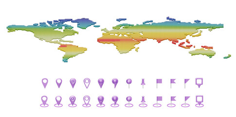 Set of purple location pins on World climate zones map. Isolated on transparent background. 3D illustration