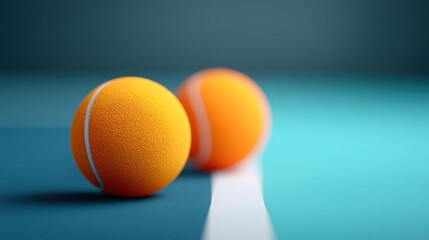 Two orange tennis balls are on a blue and white court