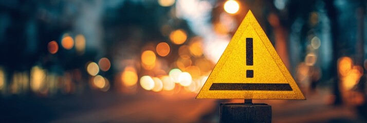 Yellow triangular sign featuring exclamation point glows at nighttime on a blurry background