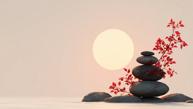 Zen stones balance near red leaf branch at sunset in calm water scene