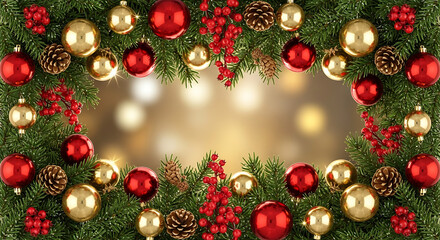 Realistic Christmas Garland Banner with Ornaments, Lights, and Confetti