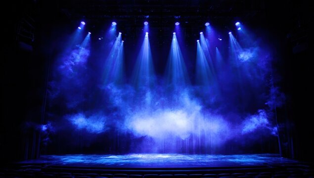 Stage lit with blue spotlights and haze
