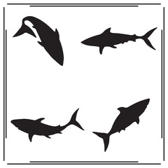 Shark Silhouettes Set - Four Different Shark Shapes in Black Vector Illustrations for Marine, Ocean, and Wildlife Designs