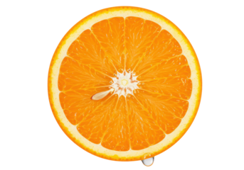 Perfectly cut, vibrant orange slice with translucent segments, white pith, water droplet, on transparent studio background, overhead shot. Concept of natural health and refreshment
