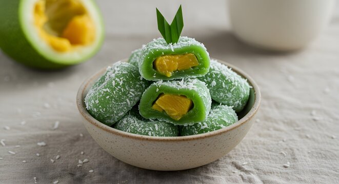 Green Pandan Glutinous Rice Cakes with Sweet Yellow Filling, Sprinkled with Shredded Coconut