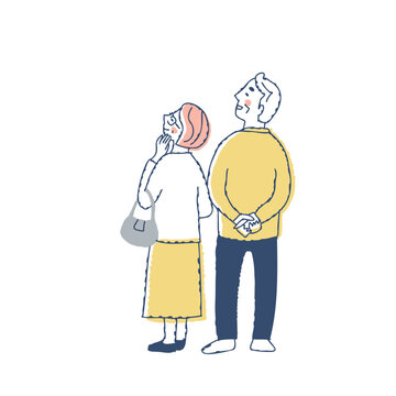 共有88笑顔で見上げている後ろ姿のシニアカップル