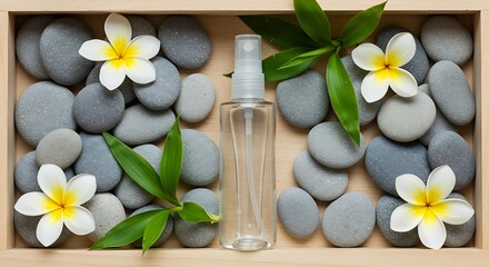 Fototapeta premium Relaxing Spa Essentials with Stones, Flowers, Bamboo, and Spray Bottle