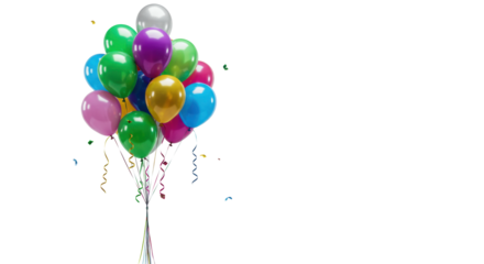 A dynamic cluster of vibrant helium balloons with matte and metallic textures, blues, greens, golds, purples, and silvers, ascending against a transparent studio background with bokeh. Concept of