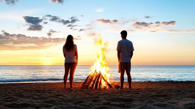 Couple enjoying a beach bonfire at sunset, warm glow illuminating the scene.