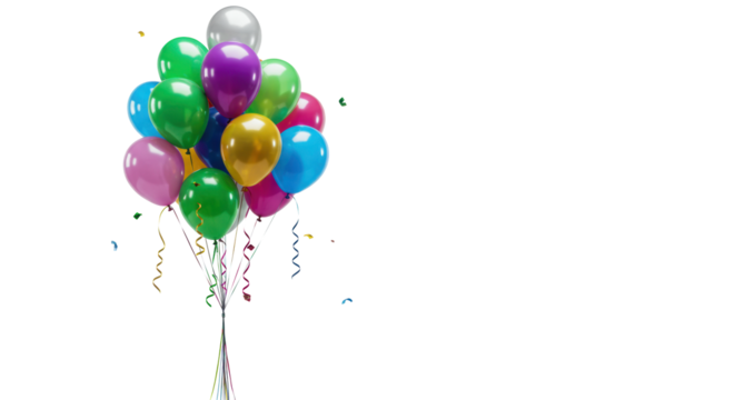 A dynamic cluster of vibrant helium balloons with matte and metallic textures, blues, greens, golds, purples, and silvers, ascending against a transparent studio background with bokeh. Concept of