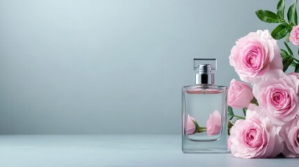 Elegant perfume bottle beside fresh pink roses on a soft background.