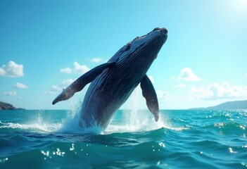 Obraz premium majestic humpback whale breaching energetically through sparkling turquoise ocean waves under a bright blue sky dotted with fluffy clouds near a distant coastline, vista, landscape, outdoors, scene