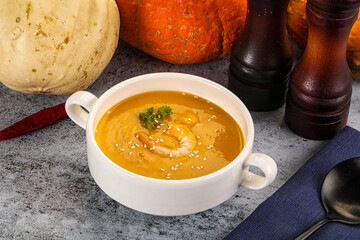 Pumpkin cream soup with prawns