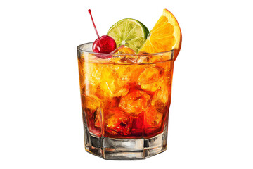 colorful cocktail with cherry lime orange garnish in tumbler glass isolated transparent background