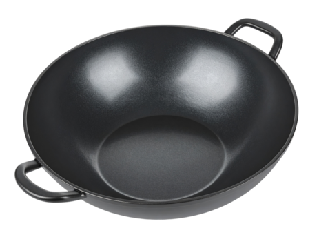 Black wok pan isolated on white background.