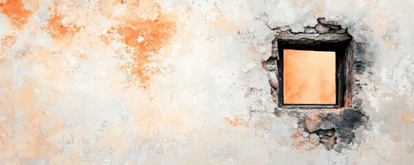 Textured wall with a rustic square window, offering a glimpse of the outside world.