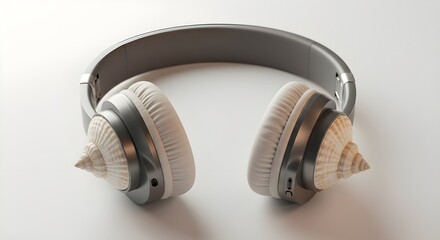 Naklejka premium Surreal conceptual photo of headphones with seashells as ear cups, symbolizing nature, music and imagination.