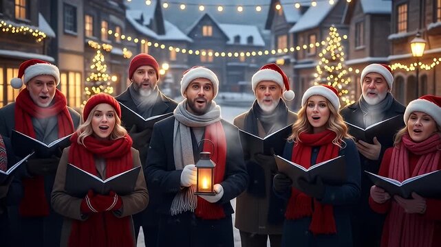 Choir sings Christmas carols on a snowy street, illuminated by festive string lights