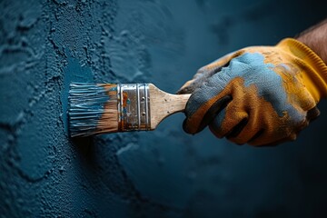 Construction worker applies blue waterproofing paint to basement wall for water damage protection