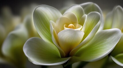 Fototapeta premium Close-up of a blossom with soft, light petals arranged in a spiral, with a blurred background