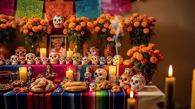 Vibrant Day of the Dead altar laden with sugar skulls, marigolds, and offerings