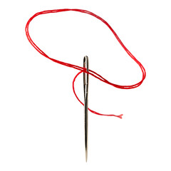 Sewing needle with red thread passing through the eye on white background shown as tailoring, stitching, and craft tool