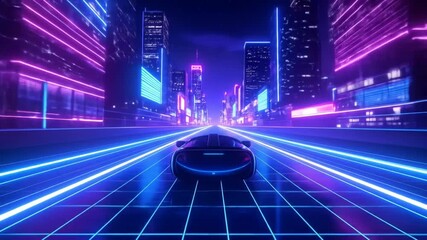 Cyberpunk ride through the neon city at night with glowing car and road illuminating the skyline, - Powered by Adobe