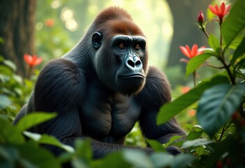Naklejka premium majestic gorilla in lush green foliage amidst vibrant red flowers in a serene jungle setting with soft light filtering through the canopy highlighting its expressive gaze, presence, backdrop
