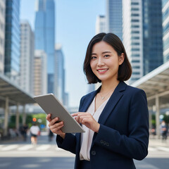 Professional Asian Businesswoman Using Tablet in Modern City