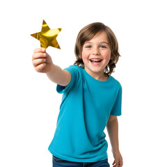 A happy young boy in a blue t-shirt is holding a golden star with enthusiasm and a bright smile against a white background