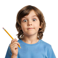 Curious young boy holding a pencil with a surprised expression, isolated on a white background, ready for learning and creativity
