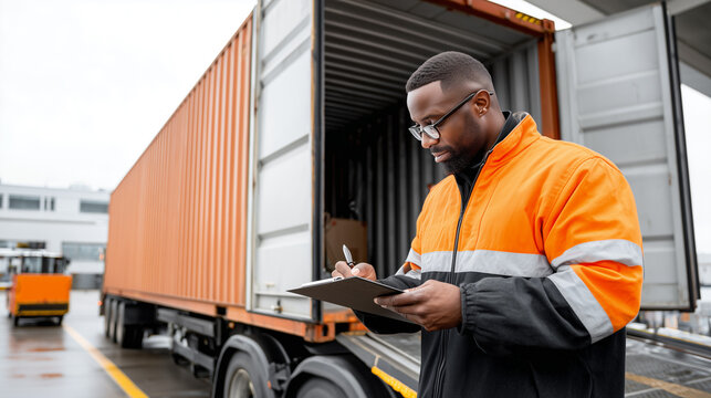 Oversized cargo loading operations with professional worker documenting freight shipment. Industrial logistics supervisor in safety vest inspecting heavy equipment transportation at warehouse dock.