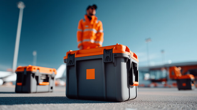 Orange protective toolbox case with aviation worker in safety vest. Industrial equipment container for aircraft maintenance, cargo transport, professional tools storage at airport operations.