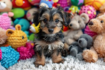 Playful dachshund surrounded by colorful plush toys on a bright white background