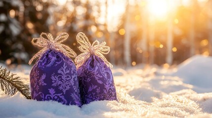Obraz premium Two purple gift bags in snowy winter scene at sunset.
