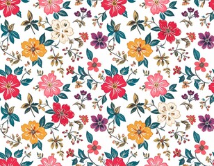 Fototapeta premium Vibrant HandPainted Floral Medley with Bold Red Pink and Yellow Blooms.